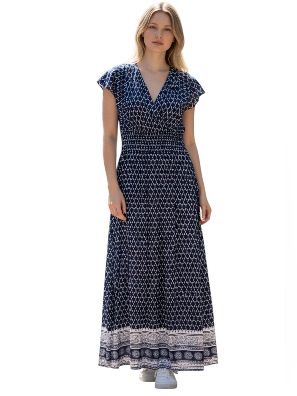 ACE FASHION blue and white flutter sleeve smocked elastic waist maxi dress sz L